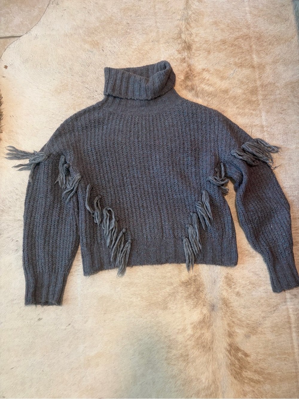 Something Navy Gray Fringe Turtleneck Sweater